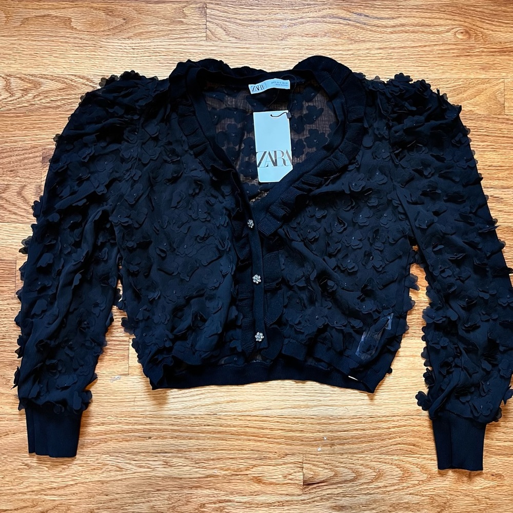 Zara Black Flower Appliqué Mesh Cardigan Size M